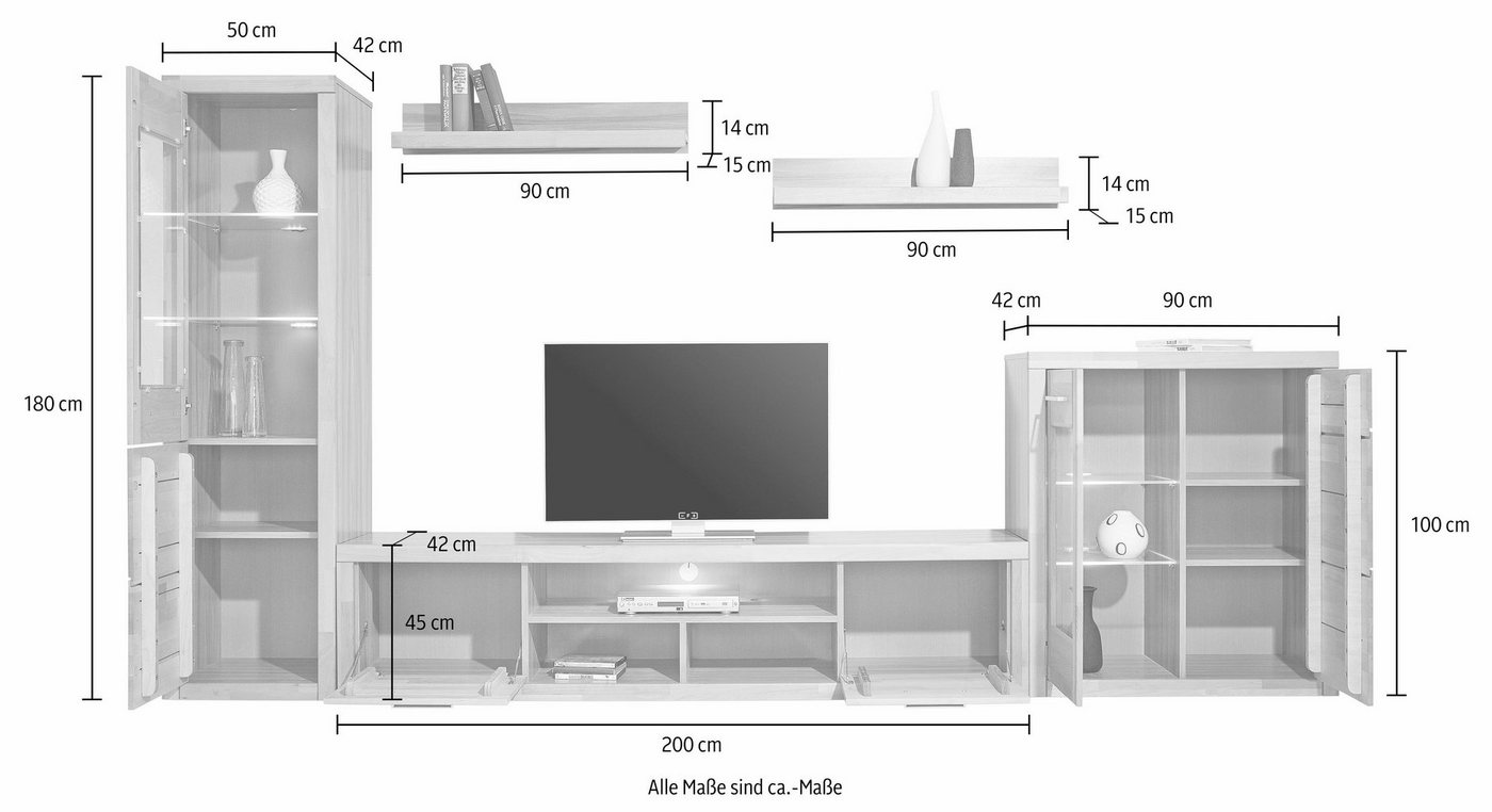 OTTO home Wohnwand Logo,Fronten Massivholz,Korpus Holzwekstoff,Böden versetzbar, (Set, 5-St), Türanschlag hohe Vitrine wechselbar,bei TV Teil Kabeldurchführung – Bild 2 von 4