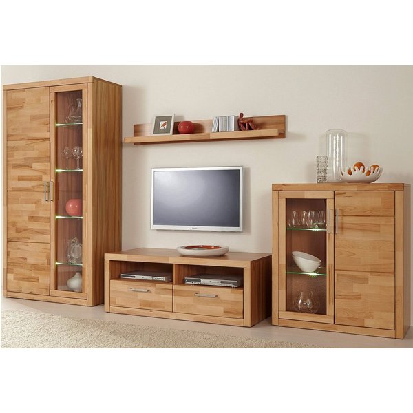 OTTO home Wohnwand Logo,Fronten Massivholz,Korpus Holzwekstoff,viel Stauraum, (Set, 4-St), B/T/H/: 90/42/190, Türen und Schubladen, bei TV Teil Kabeldurchführun