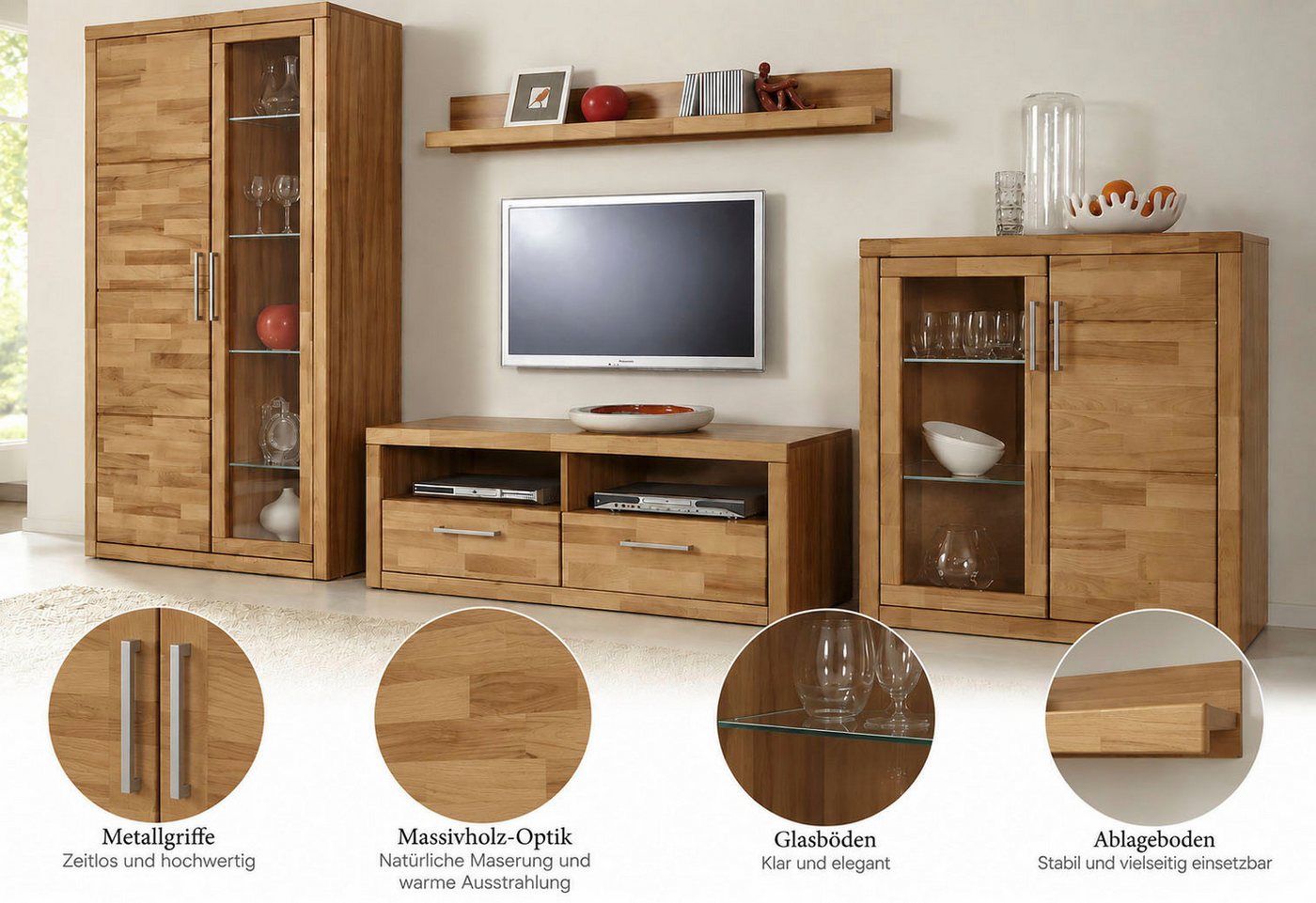 OTTO home Wohnwand Logo,Fronten Massivholz,Korpus Holzwekstoff,viel Stauraum, (Set, 4-St), B/T/H/: 90/42/190, Türen und Schubladen, bei TV Teil Kabeldurchführun – Bild 2 von 5