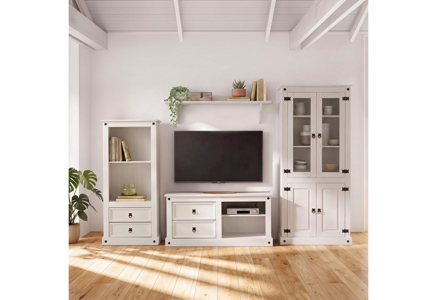 OTTO home Wohnwand Mexiko Vitrine, Regal und TV-Board mit Metallgriffen, (Set, 3-St), bestehend aus 1 Vitrine, 1 Lowboard und 1 Regal, ohne Wandboard – Bild 2 von 5