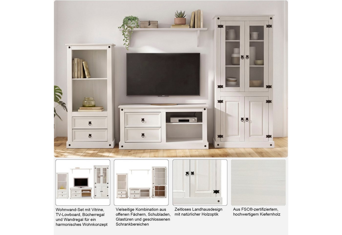 OTTO home Wohnwand Mexiko Vitrine, Regal und TV-Board mit Metallgriffen, (Set, 3-St), bestehend aus 1 Vitrine, 1 Lowboard und 1 Regal, ohne Wandboard – Bild 3 von 5