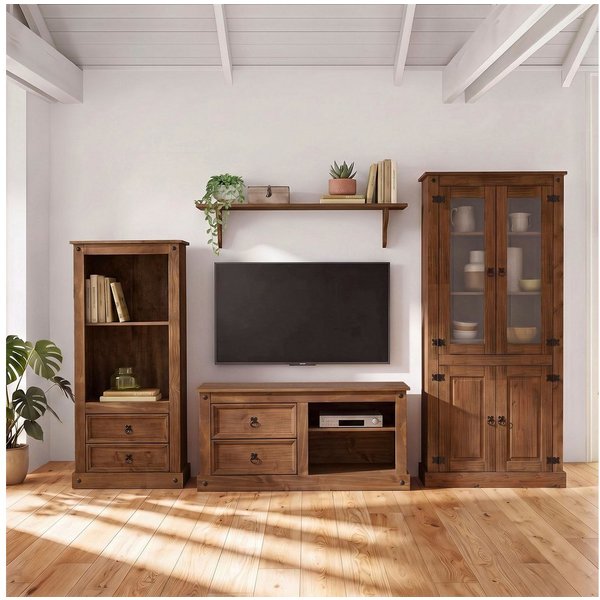 OTTO home Wohnwand Mexiko Vitrine, Regal und TV-Board mit Metallgriffen, (Set, 3-St), bestehend aus 1 Vitrine, 1 Lowboard und 1 Regal, ohne Wandboard