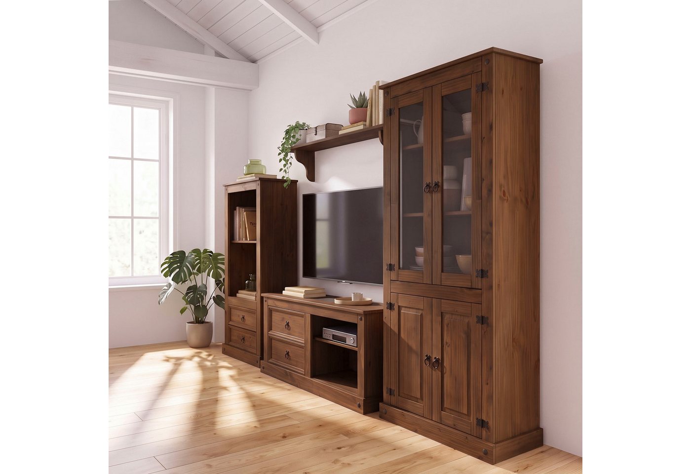 OTTO home Wohnwand Mexiko Vitrine, Regal und TV-Board mit Metallgriffen, (Set, 3-St), bestehend aus 1 Vitrine, 1 Lowboard und 1 Regal, ohne Wandboard – Bild 3 von 5