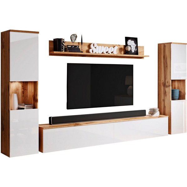 OTTO home Wohnwand PARIS, Vitrine Türanschlag links/rechts wechselbar, (Komplett-Set, 4-St), grifflose Design, stehend und hängend montierbar