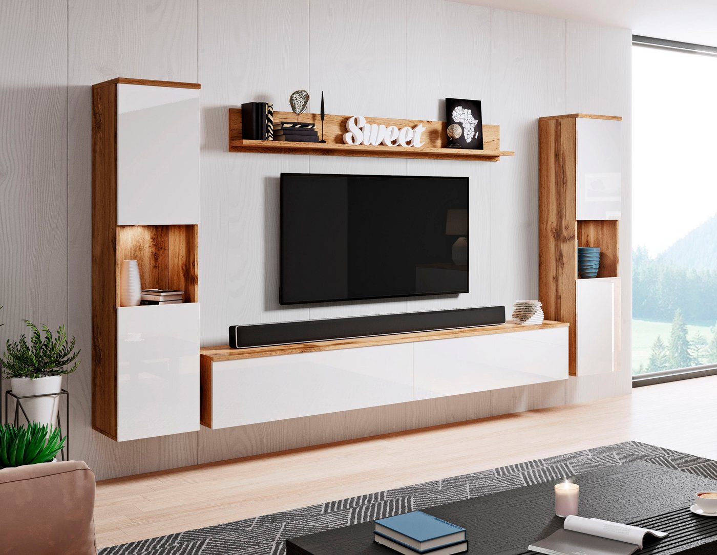 OTTO home Wohnwand PARIS, Vitrine Türanschlag links/rechts wechselbar, (Komplett-Set, 4-St), grifflose Design, stehend und hängend montierbar – Bild 2 von 5