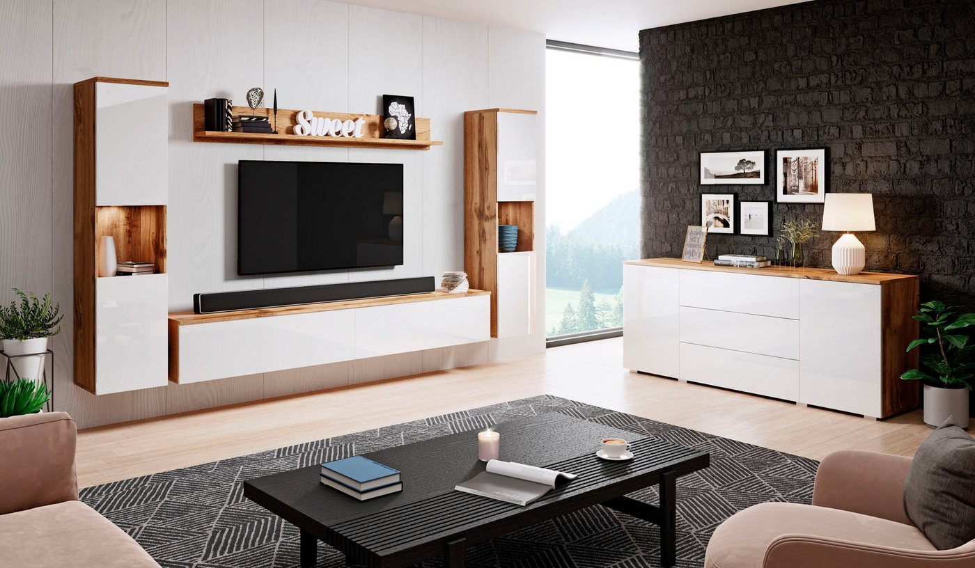 OTTO home Wohnwand PARIS, Vitrine Türanschlag links/rechts wechselbar, (Komplett-Set, 4-St), grifflose Design, stehend und hängend montierbar – Bild 5 von 5