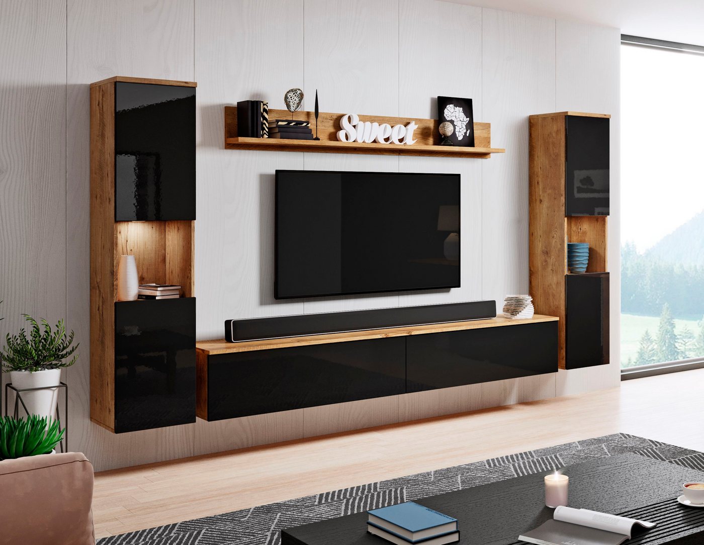 OTTO home Wohnwand PARIS, Vitrine Türanschlag links/rechts wechselbar, (Komplett-Set, 4-St), grifflose Design, stehend und hängend montierbar – Bild 2 von 5