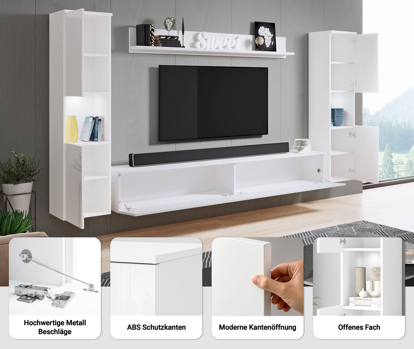 OTTO home Wohnwand PARIS, Vitrine Türanschlag links/rechts wechselbar, (Komplett-Set, 4-St), grifflose Design, stehend und hängend montierbar – Bild 3 von 5
