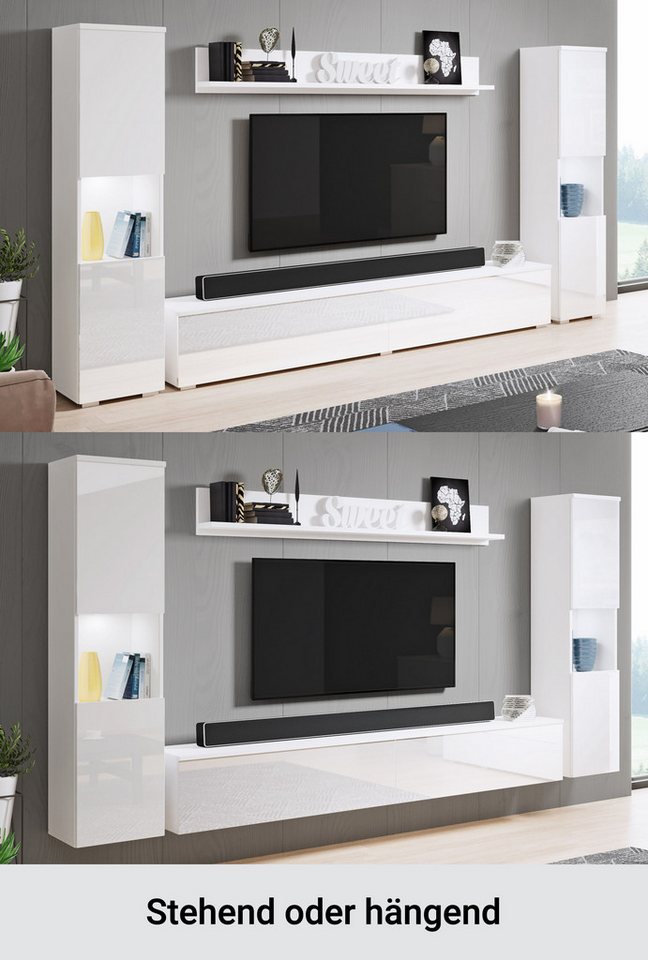 OTTO home Wohnwand PARIS, Vitrine Türanschlag links/rechts wechselbar, (Komplett-Set, 4-St), grifflose Design, stehend und hängend montierbar – Bild 4 von 5