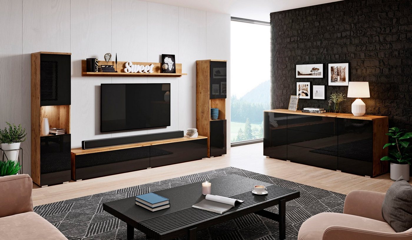 OTTO home Wohnwand PARIS, Vitrine Türanschlag links/rechts wechselbar, (Komplett-Set, 4-St), grifflose Design, stehend und hängend montierbar – Bild 5 von 5