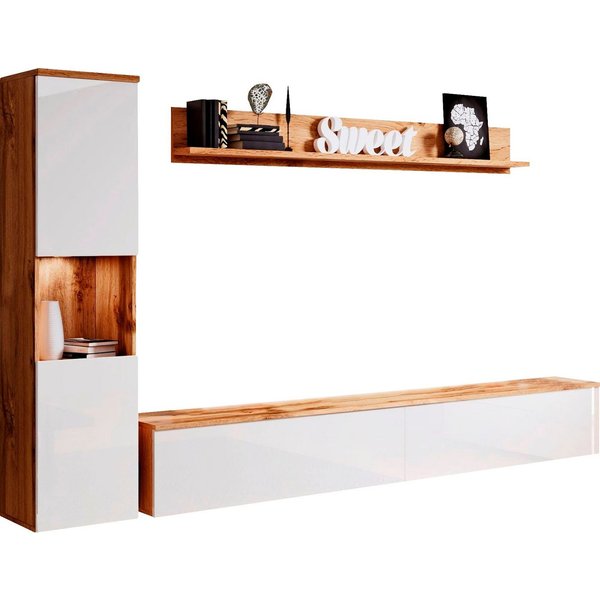 OTTO home Wohnwand PARIS, Vitrine Türanschlag links/rechts wechselbar, (Komplett-Set, 3-St), grifflose Design, stehend und hängend montierbar