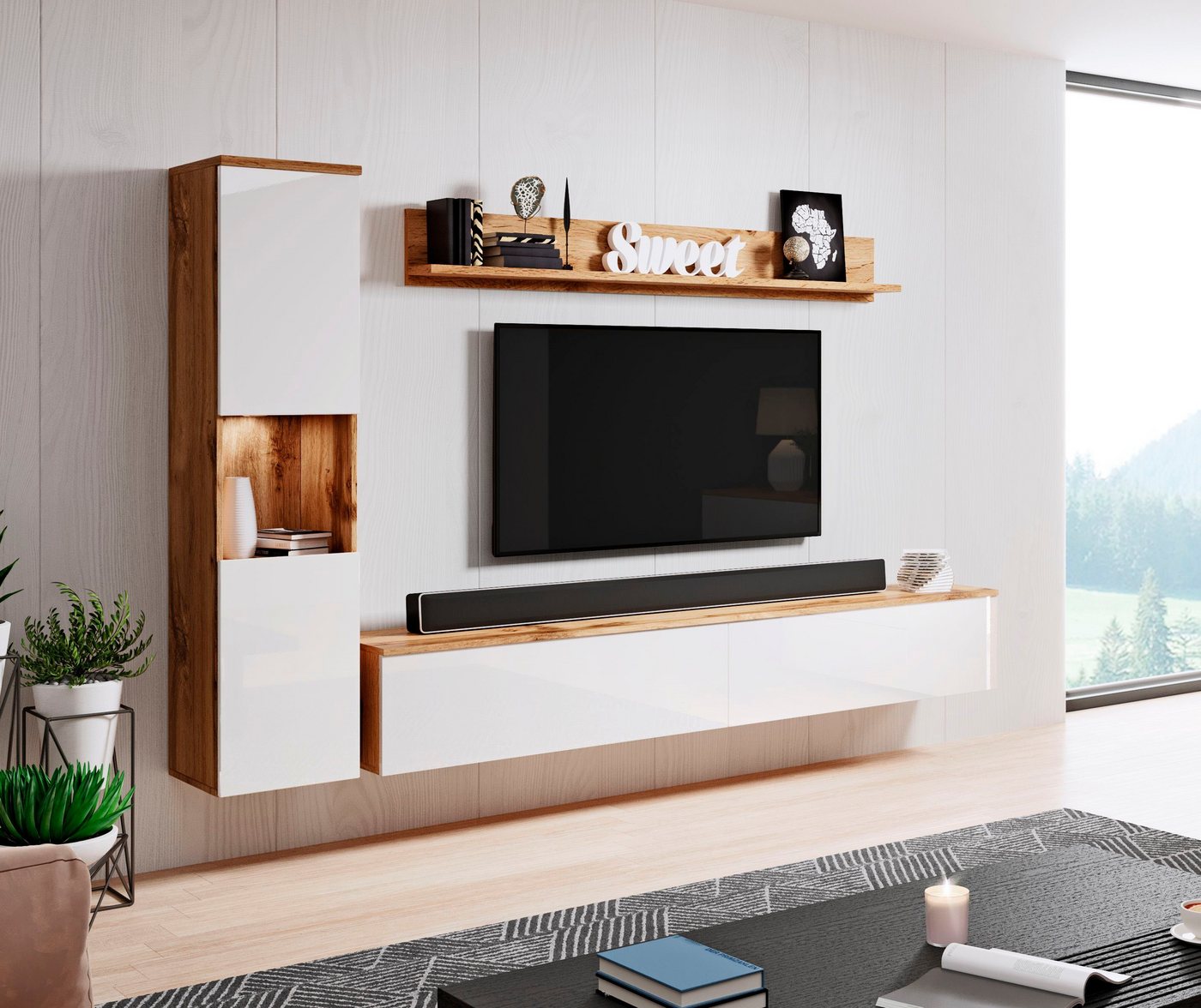 OTTO home Wohnwand PARIS, Vitrine Türanschlag links/rechts wechselbar, (Komplett-Set, 3-St), grifflose Design, stehend und hängend montierbar – Bild 2 von 5