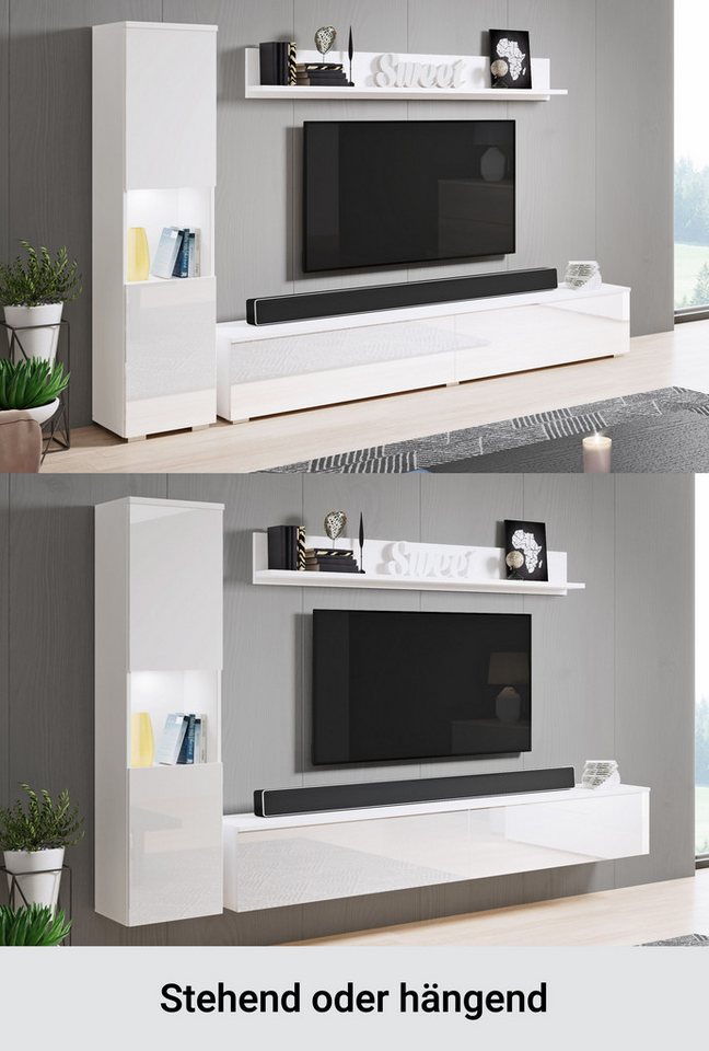 OTTO home Wohnwand PARIS, Vitrine Türanschlag links/rechts wechselbar, (Komplett-Set, 3-St), grifflose Design, stehend und hängend montierbar – Bild 4 von 5
