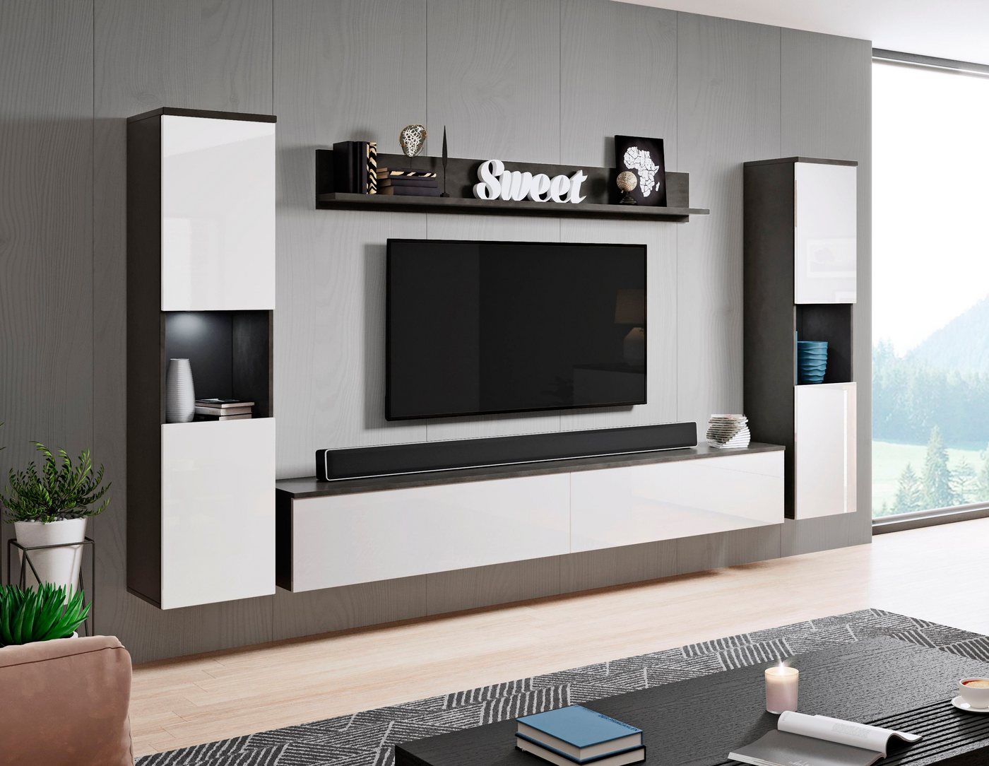 OTTO home Wohnwand PARIS, Vitrine Türanschlag links/rechts wechselbar, (Komplett-Set, 4-St), grifflose Design, stehend und hängend montierbar – Bild 2 von 5