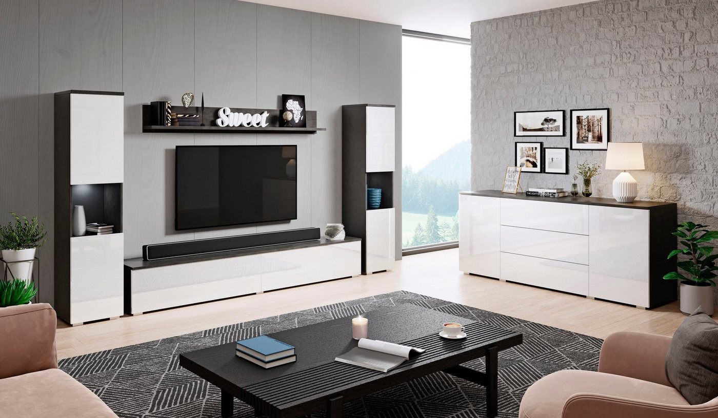 OTTO home Wohnwand PARIS, Vitrine Türanschlag links/rechts wechselbar, (Komplett-Set, 4-St), grifflose Design, stehend und hängend montierbar – Bild 5 von 5