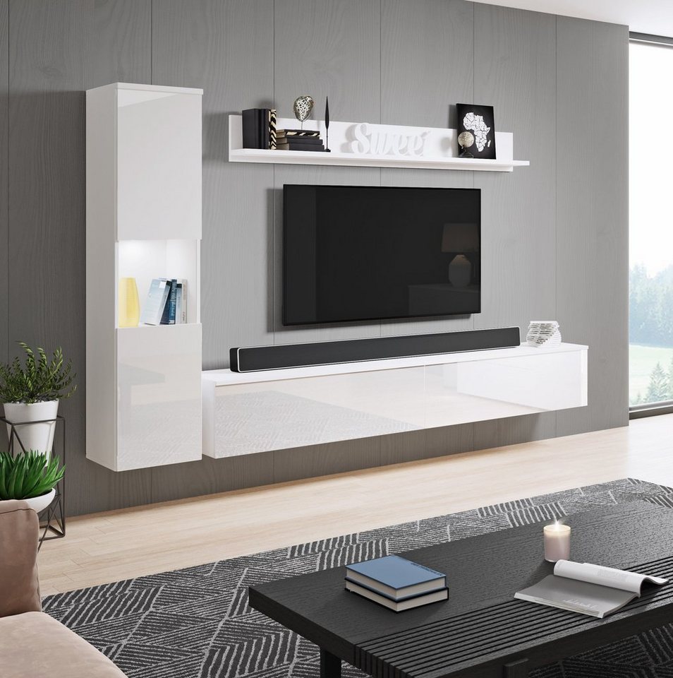 OTTO home Wohnwand PARIS, Vitrine Türanschlag links/rechts wechselbar, (Komplett-Set, 3-St), grifflose Design, stehend und hängend montierbar – Bild 2 von 5