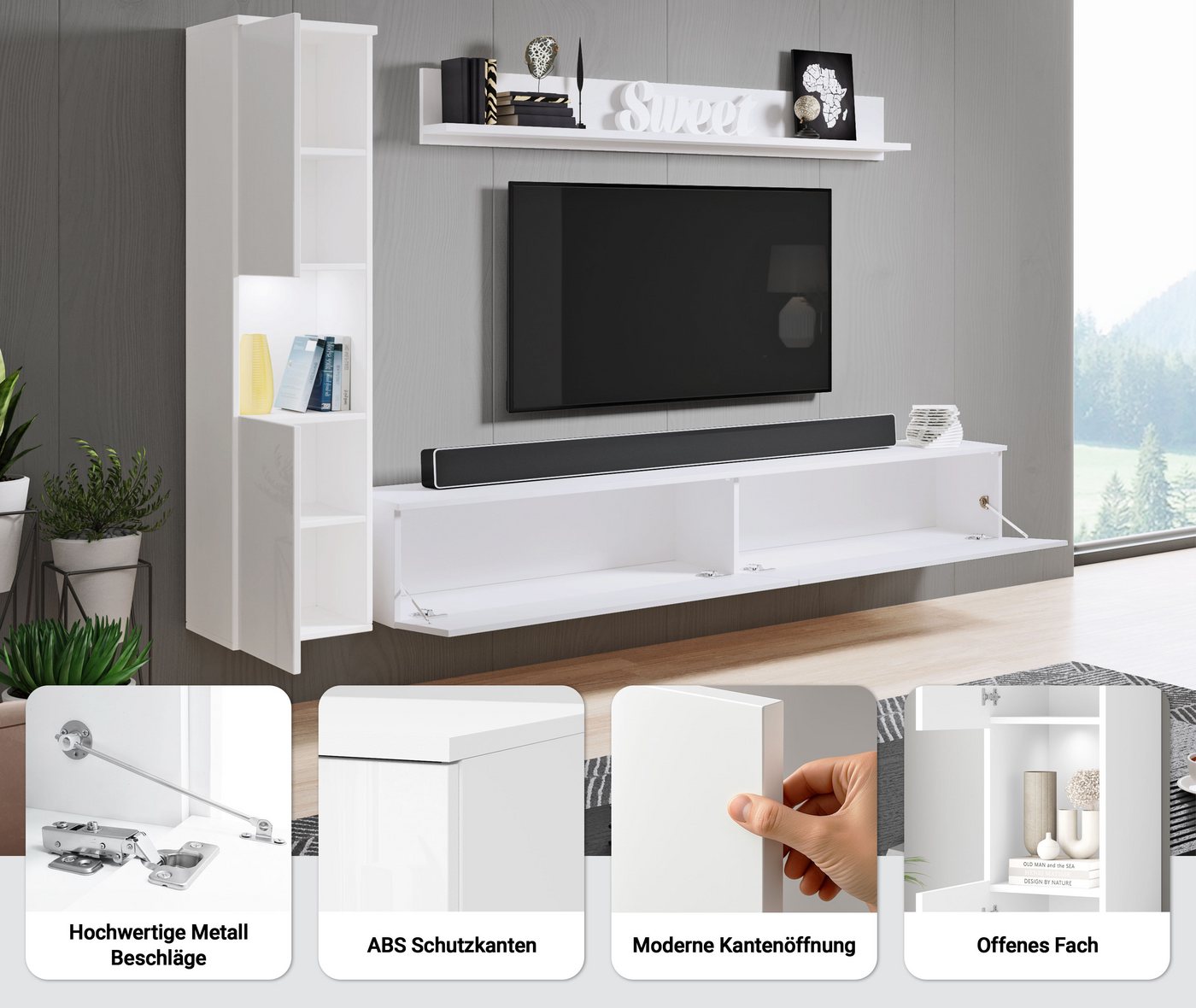 OTTO home Wohnwand PARIS, Vitrine Türanschlag links/rechts wechselbar, (Komplett-Set, 3-St), grifflose Design, stehend und hängend montierbar – Bild 3 von 5