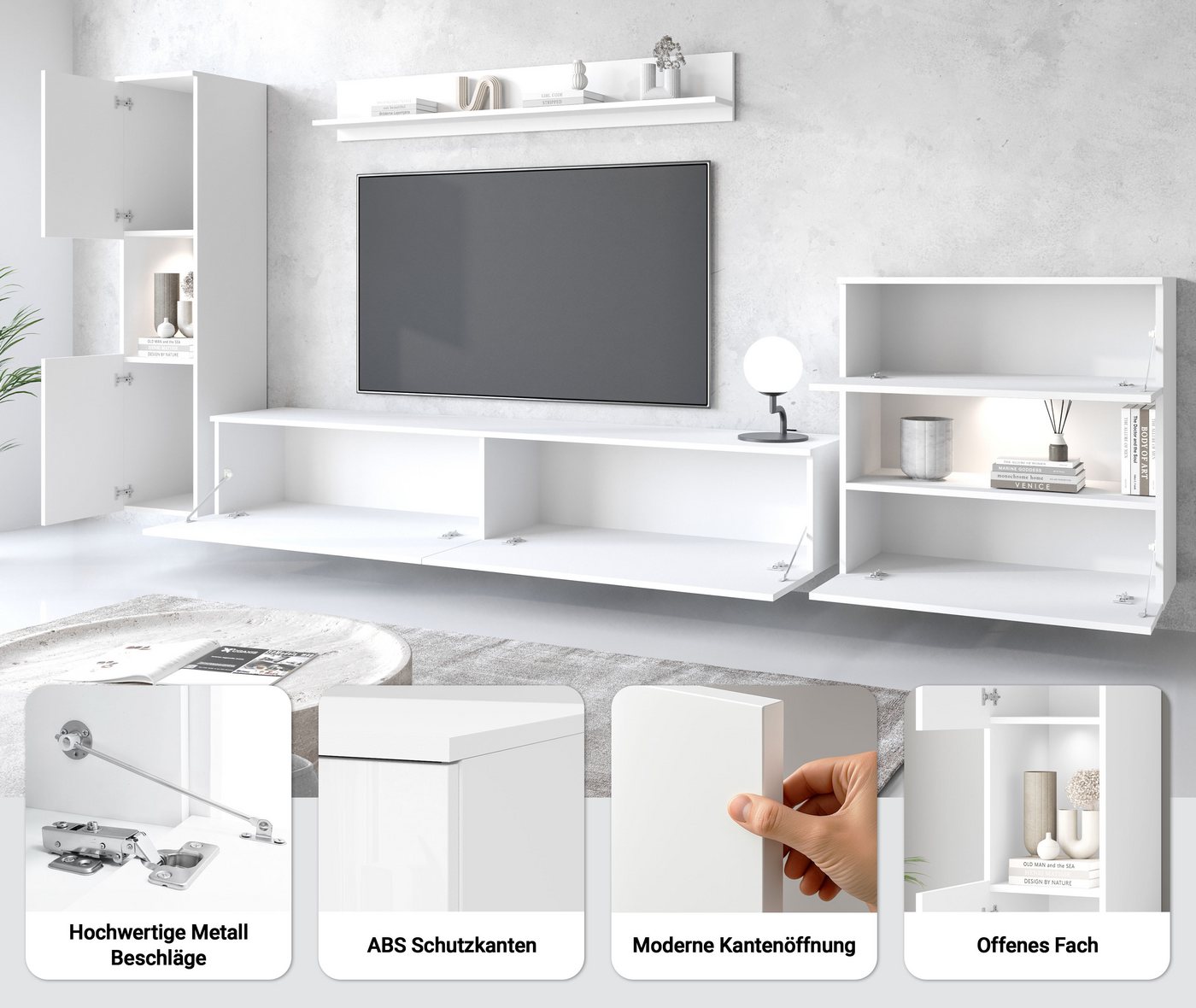 OTTO home Wohnwand PARIS, Vitrine Türanschlag links/rechts wechselbar, (Komplett-Set, 4-St), grifflose Design, stehend und hängend montierbar – Bild 3 von 5