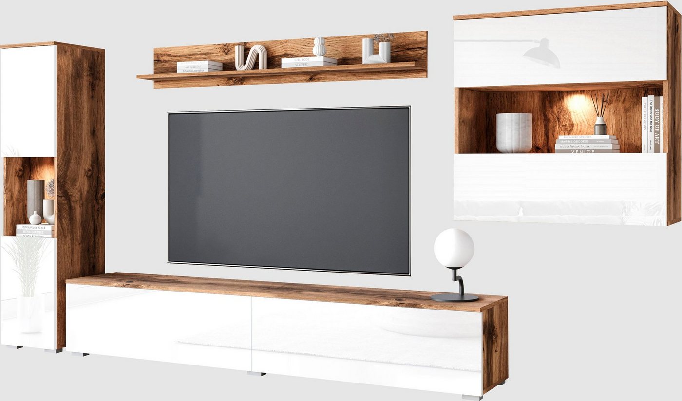 OTTO home Wohnwand PARIS, Vitrine Türanschlag links/rechts wechselbar, (Komplett-Set, 4-St), grifflose Design, stehend und hängend montierbar – Bild 4 von 5