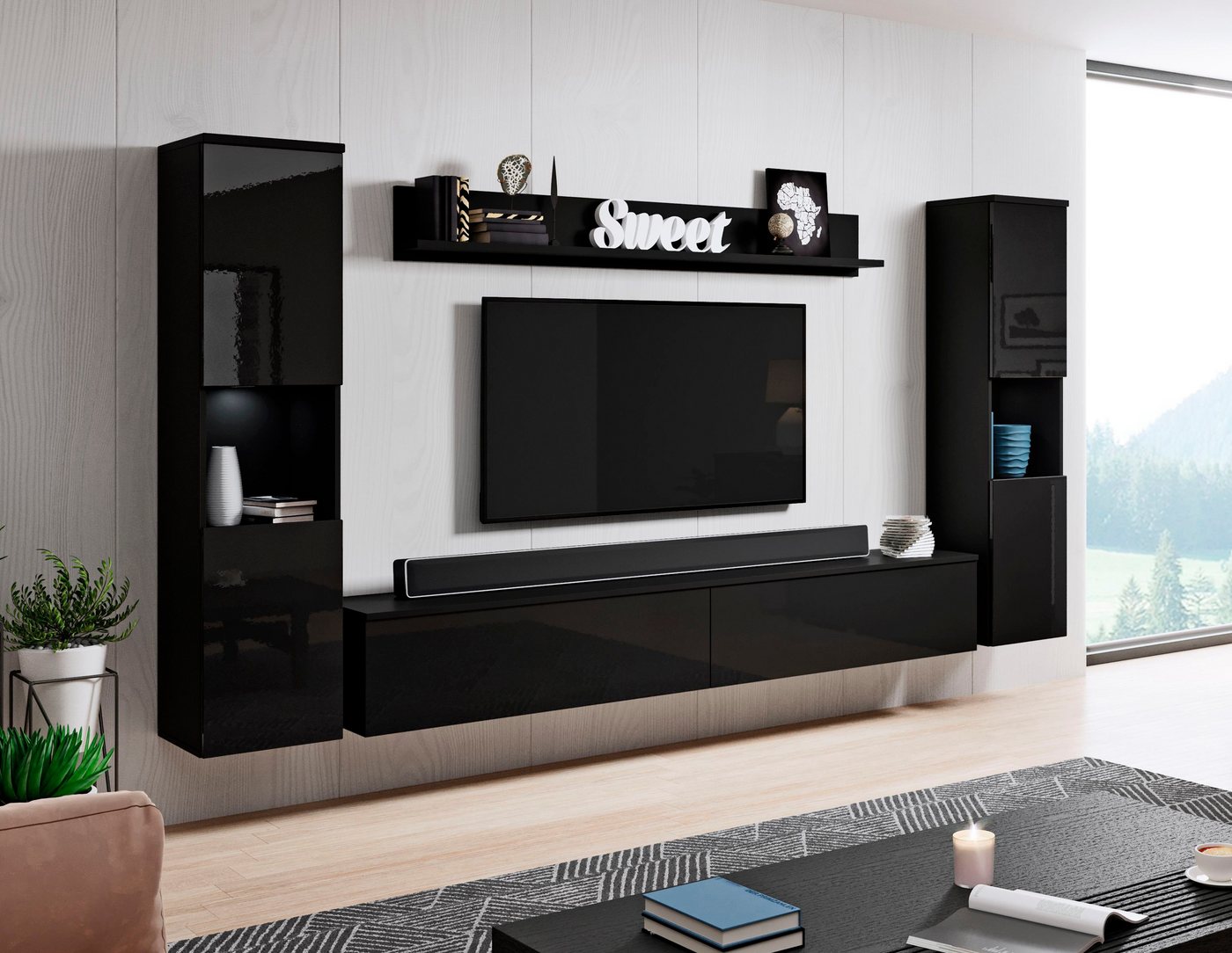 OTTO home Wohnwand PARIS, Vitrine Türanschlag links/rechts wechselbar, (Komplett-Set, 4-St), grifflose Design, stehend und hängend montierbar – Bild 2 von 5