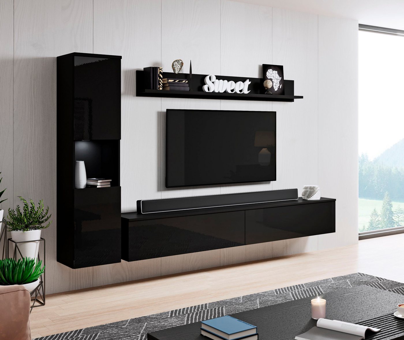 OTTO home Wohnwand PARIS, Vitrine Türanschlag links/rechts wechselbar, (Komplett-Set, 3-St), grifflose Design, stehend und hängend montierbar – Bild 2 von 5