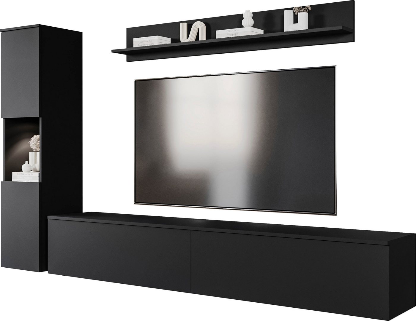 OTTO home Wohnwand PARIS, Vitrine Türanschlag links/rechts wechselbar, (Komplett-Set, 3-St), grifflose Design, stehend und hängend montierbar – Bild 2 von 5