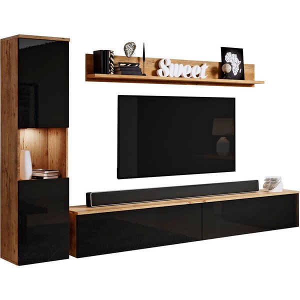 OTTO home Wohnwand PARIS, Vitrine Türanschlag links/rechts wechselbar, (Komplett-Set, 3-St), grifflose Design, stehend und hängend montierbar