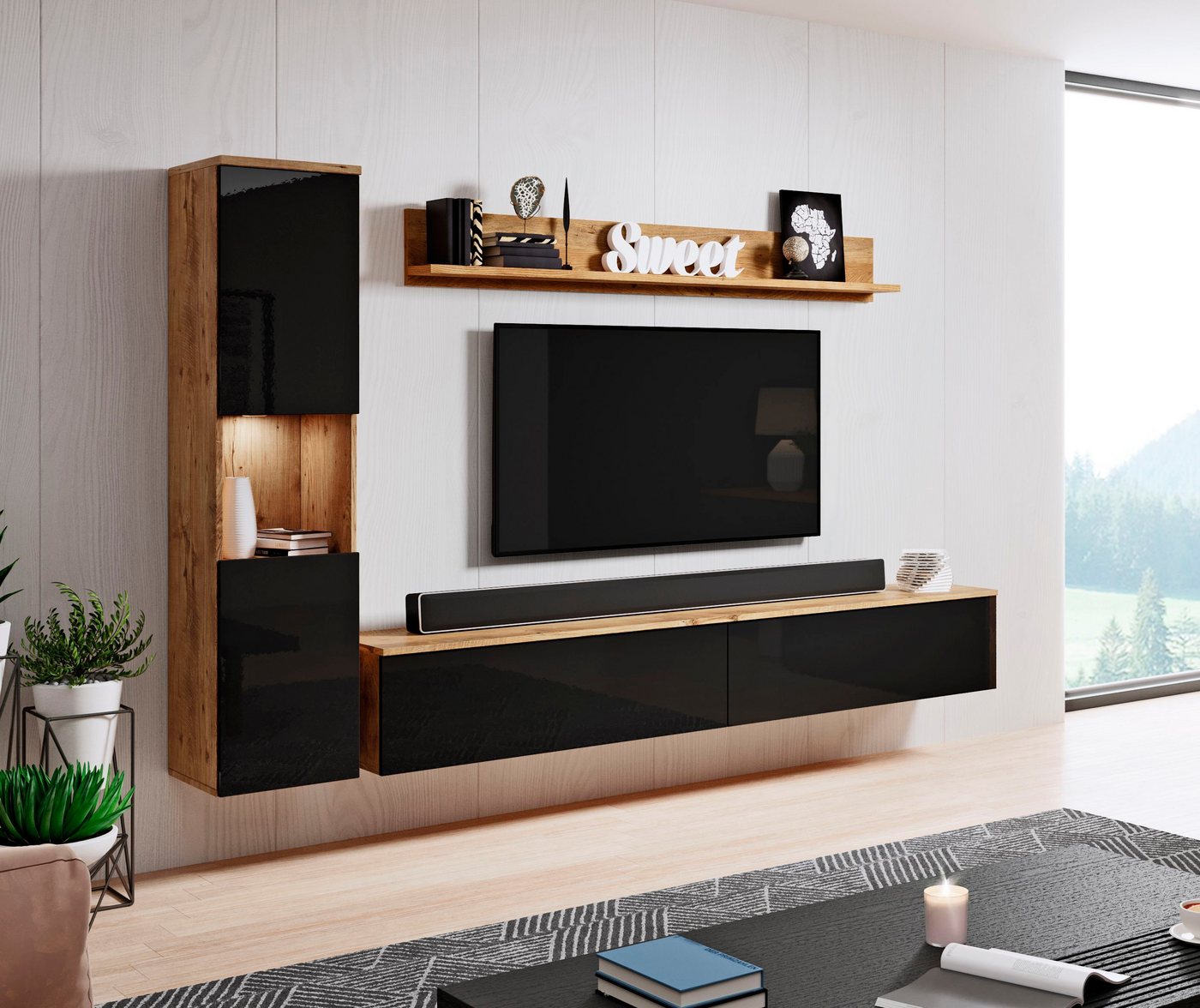 OTTO home Wohnwand PARIS, Vitrine Türanschlag links/rechts wechselbar, (Komplett-Set, 3-St), grifflose Design, stehend und hängend montierbar – Bild 2 von 5