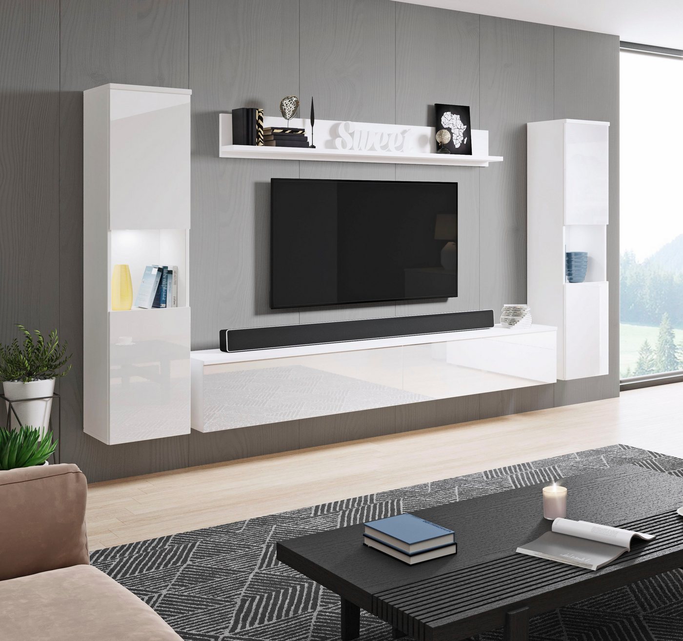 OTTO home Wohnwand PARIS, Vitrine Türanschlag links/rechts wechselbar, (Komplett-Set, 4-St), grifflose Design, stehend und hängend montierbar – Bild 2 von 5