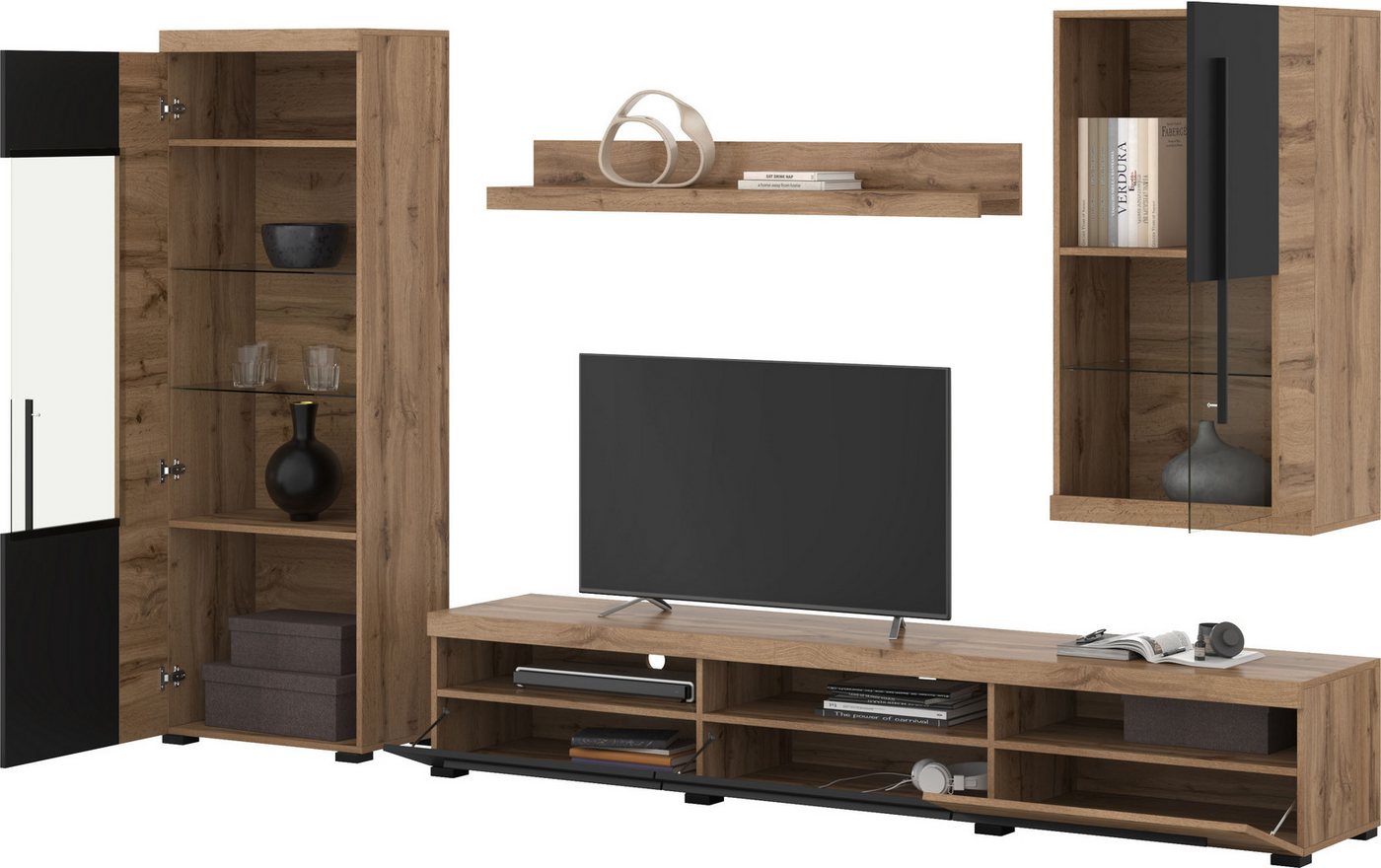 OTTO home Wohnwand Roger,Breite 255 cm moderne Mediawand ohne Beleuchtung, (Set, 4-St), Anbuwand (Set,4-St) viel Stauraum, Glastüren – Bild 5 von 5