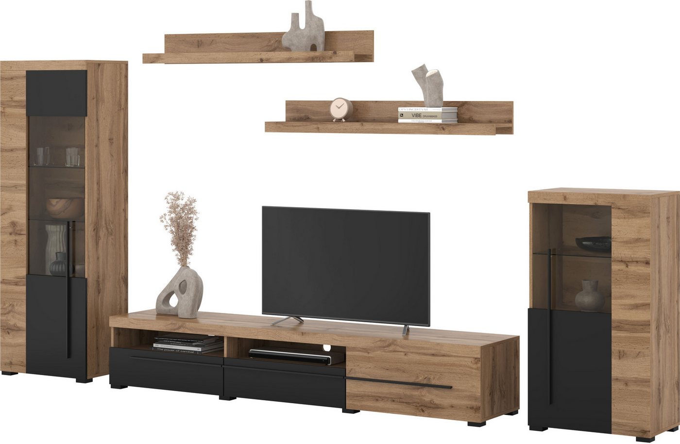 OTTO home Wohnwand Roger,Breite 270 cm moderne Mediawand ohne Beleuchtung, (Set, 5-St), Anbuwand (Set,5-St) viel Stauraum, Vitrinen mit Glastür – Bild 3 von 5