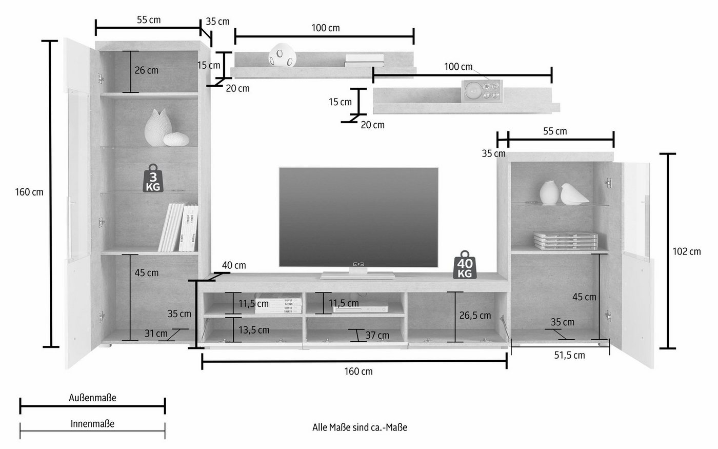 OTTO home Wohnwand Roger,Breite 270 cm moderne Mediawand ohne Beleuchtung, (Set, 5-St), Anbuwand (Set,5-St) viel Stauraum, Vitrinen mit Glastür – Bild 5 von 5