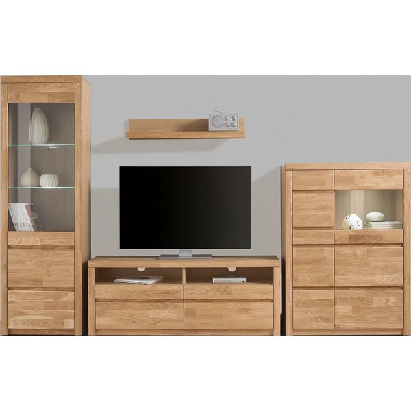 OTTO home Wohnwand Silkeborg: 4-teilig, Breite: 290cm, Griffmulden, Fronten Massivholz, (Set, 4-St., Set besteht aus 1 Vitrine, 1 Lowboard, 1 Wandregal und 1 Hi