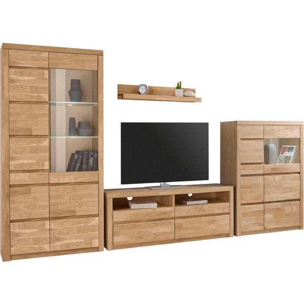 OTTO home Wohnwand Silkeborg: 4-teilig, Breite: 320cm, Griffmulden, Fronten Massivholz, (Set, 4-St), Set besteht aus 1 Vitrine, 1 Lowboard, 1 Sideboard und 1 Wa