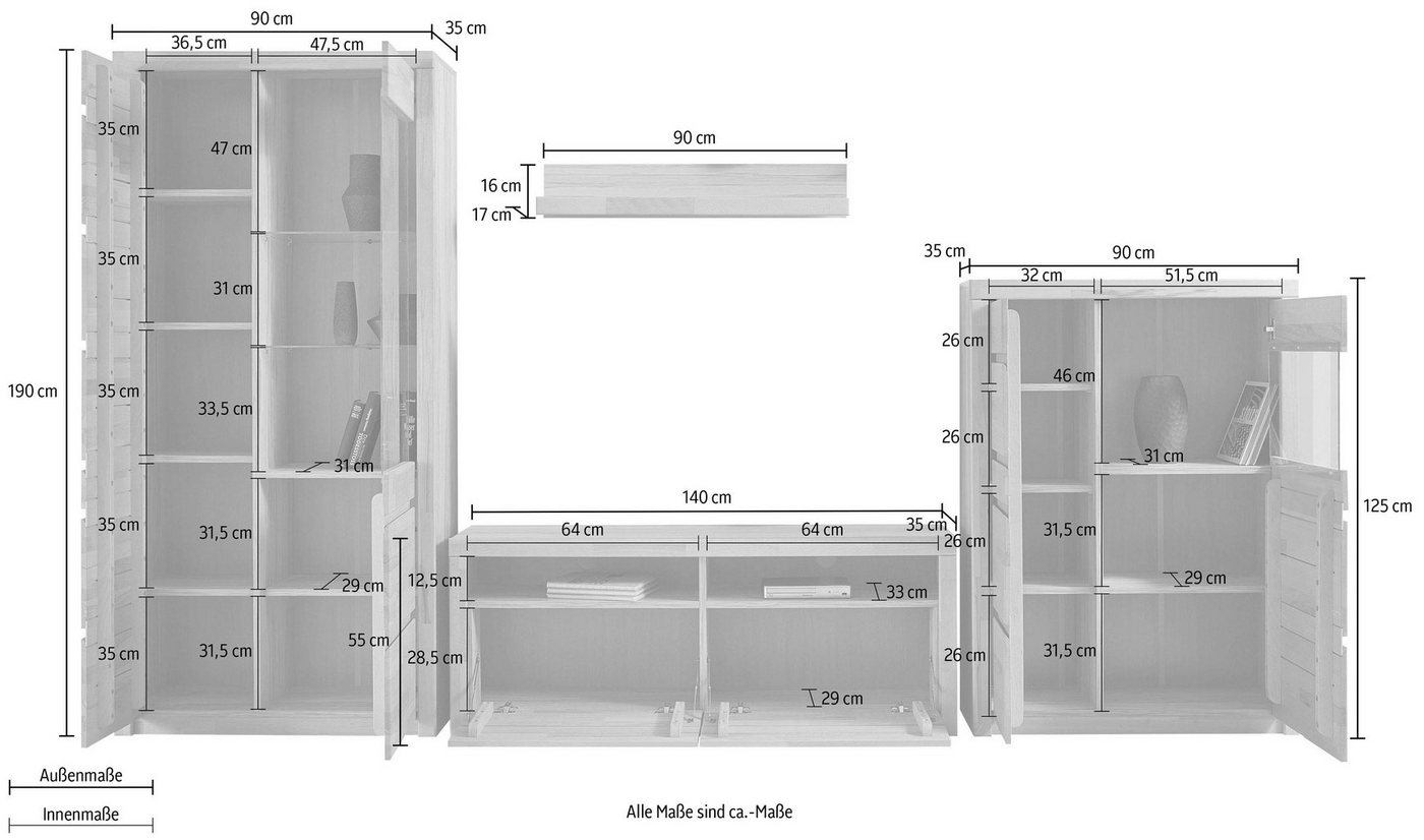 OTTO home Wohnwand Silkeborg: 4-teilig, Breite: 320cm, Griffmulden, Fronten Massivholz, (Set, 4-St), Set besteht aus 1 Vitrine, 1 Lowboard, 1 Sideboard und 1 Wa – Bild 5 von 5