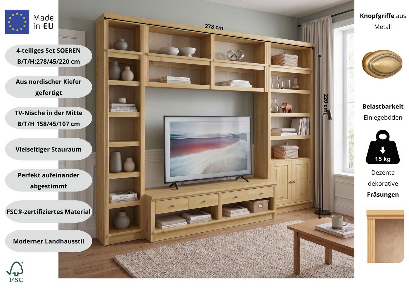 OTTO home Wohnwand Soeren, 1 Standregal, 1 Wandregal, 1 TV-Lowboard, 1 Bücherregal, (Set, 4-St), aus massiver Kiefer, mit dekorativer Fräsung – Bild 3 von 5