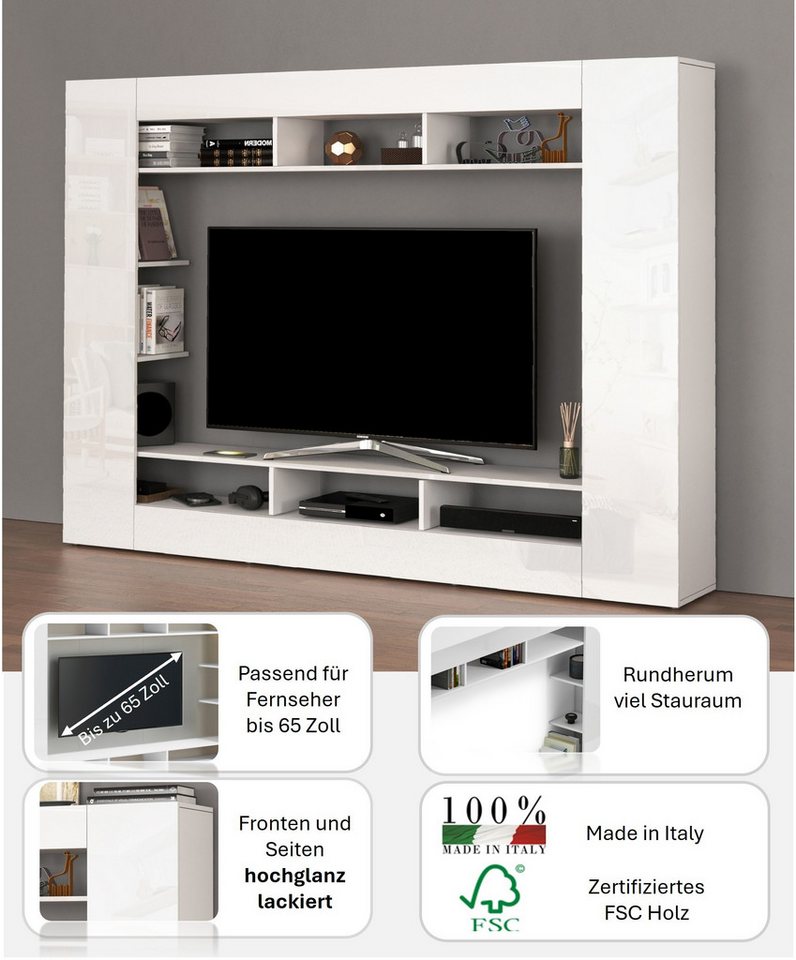 OTTO home Wohnwand SPEED, TV-Wand, Hochglanz lackiert,ideal für TV-Geräte bis zu 65 Zoll, (1-St), Made in Italy, B/T/H: 216×30,4×158,6 cm, mit ca. 12 offenen Fä – Bild 3 von 5