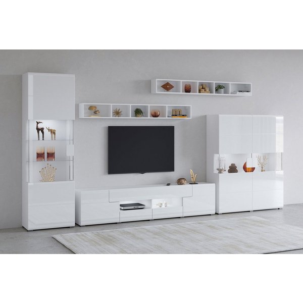 OTTO home Wohnwand Toledo,Breite 391cm stilvolle Mediawand ohne Beleuchtung, (Set, 5-St), Anbauwand(Vitrine,Lowboard,Highboard,2xHängeregal)MDF Hochglanzfronten