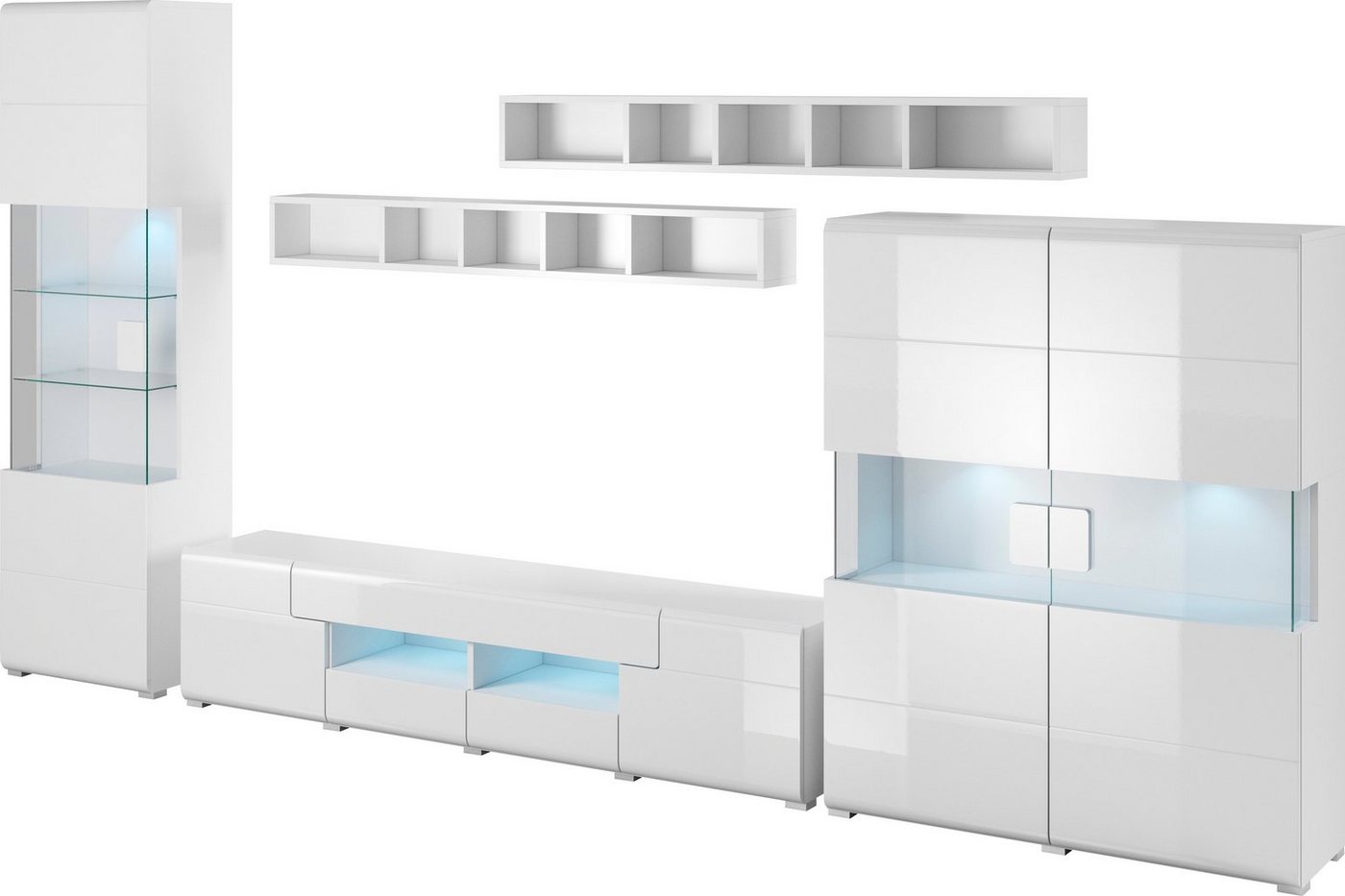 OTTO home Wohnwand Toledo,Breite 391cm stilvolle Mediawand ohne Beleuchtung, (Set, 5-St), Anbauwand(Vitrine,Lowboard,Highboard,2xHängeregal)MDF Hochglanzfronten – Bild 2 von 5
