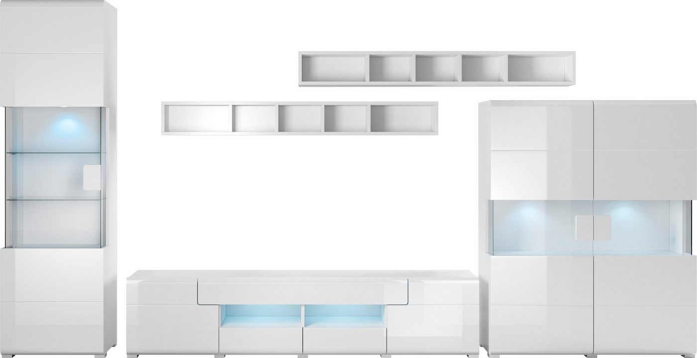 OTTO home Wohnwand Toledo,Breite 391cm stilvolle Mediawand ohne Beleuchtung, (Set, 5-St), Anbauwand(Vitrine,Lowboard,Highboard,2xHängeregal)MDF Hochglanzfronten – Bild 3 von 5
