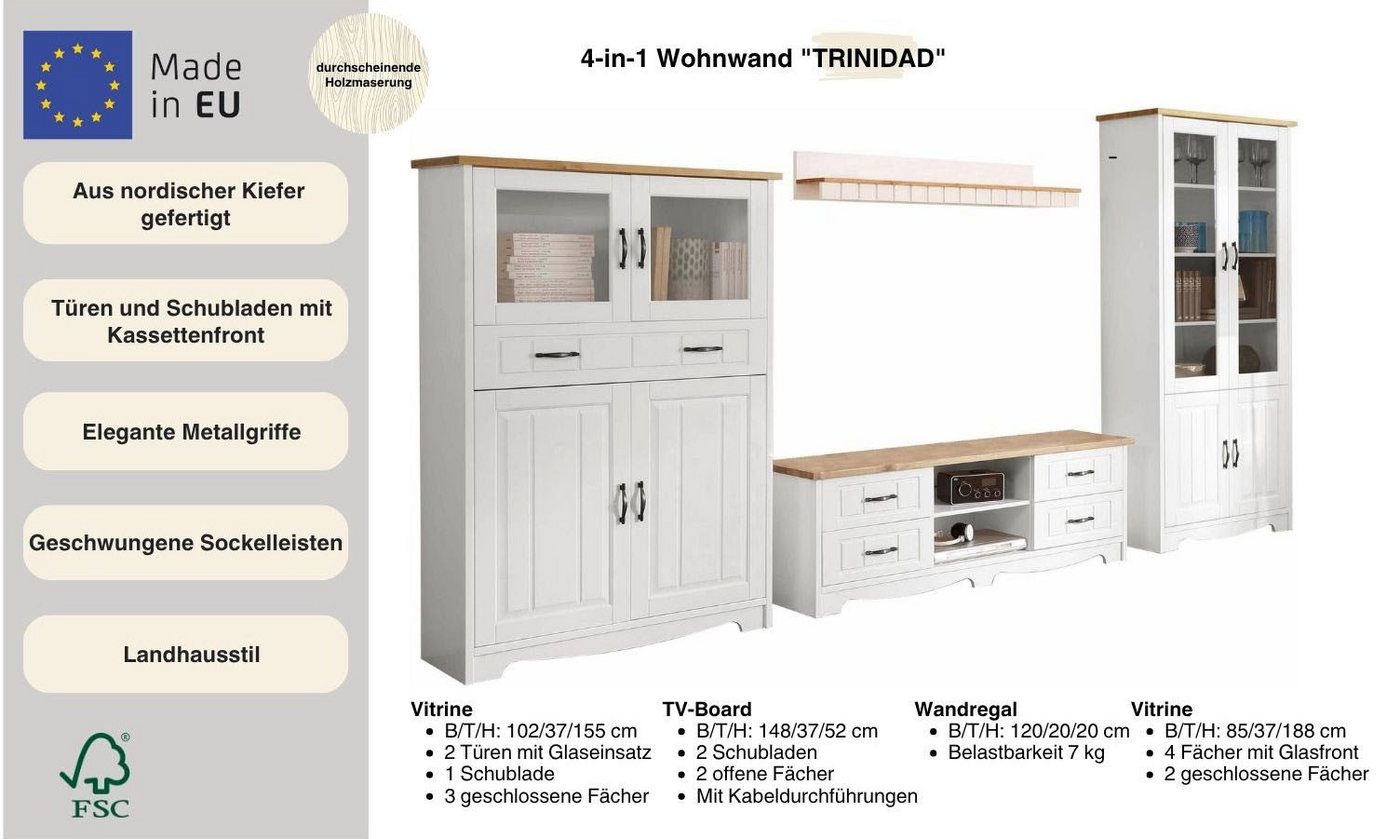 OTTO home Wohnwand Trinidad, (Set, 4-St), Set aus 1 Vitrine, 1 Lowboard, 1 Highboard, 1 Wandboard – Bild 3 von 5