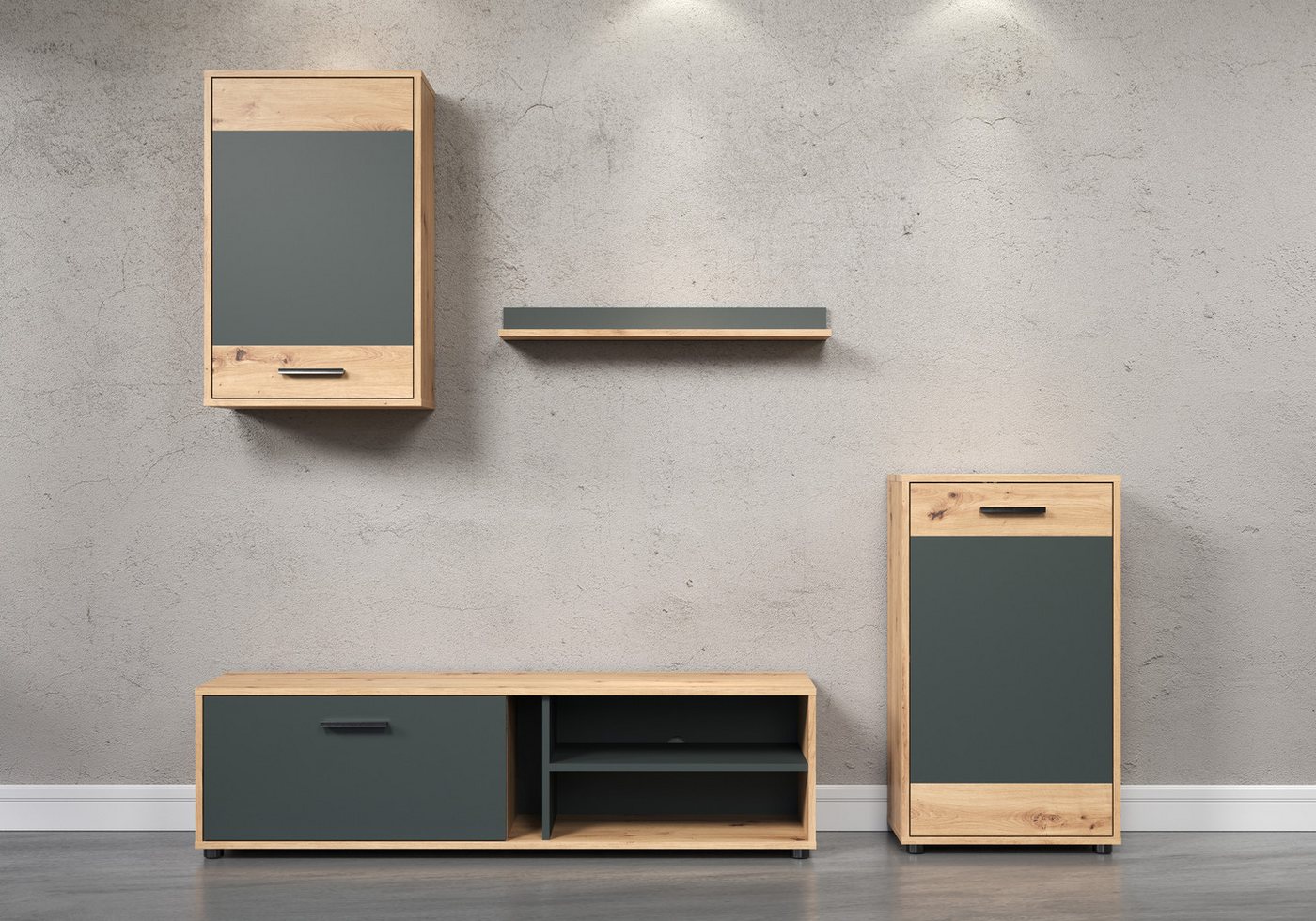 OTTO home Wohnwand Valetta inkl. TV-Kommode, Hänge-Vitrine, Sideboard und Wandregal, (Komplett-Set, 4-St., 4), inkl. Lowboard, Hängeschrank, Wandboard und Highb – Bild 3 von 5