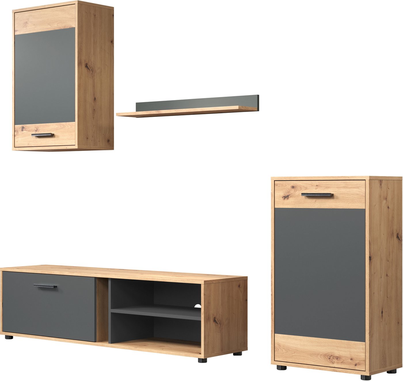 OTTO home Wohnwand Valetta inkl. TV-Kommode, Hänge-Vitrine, Sideboard und Wandregal, (Komplett-Set, 4-St., 4), inkl. Lowboard, Hängeschrank, Wandboard und Highb – Bild 4 von 5