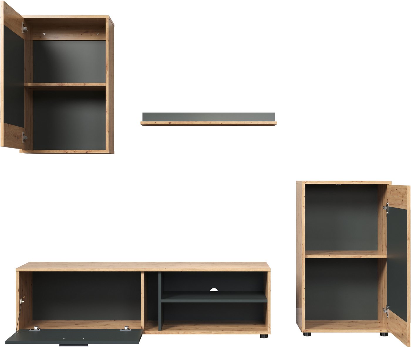 OTTO home Wohnwand Valetta inkl. TV-Kommode, Hänge-Vitrine, Sideboard und Wandregal, (Komplett-Set, 4-St., 4), inkl. Lowboard, Hängeschrank, Wandboard und Highb – Bild 5 von 5