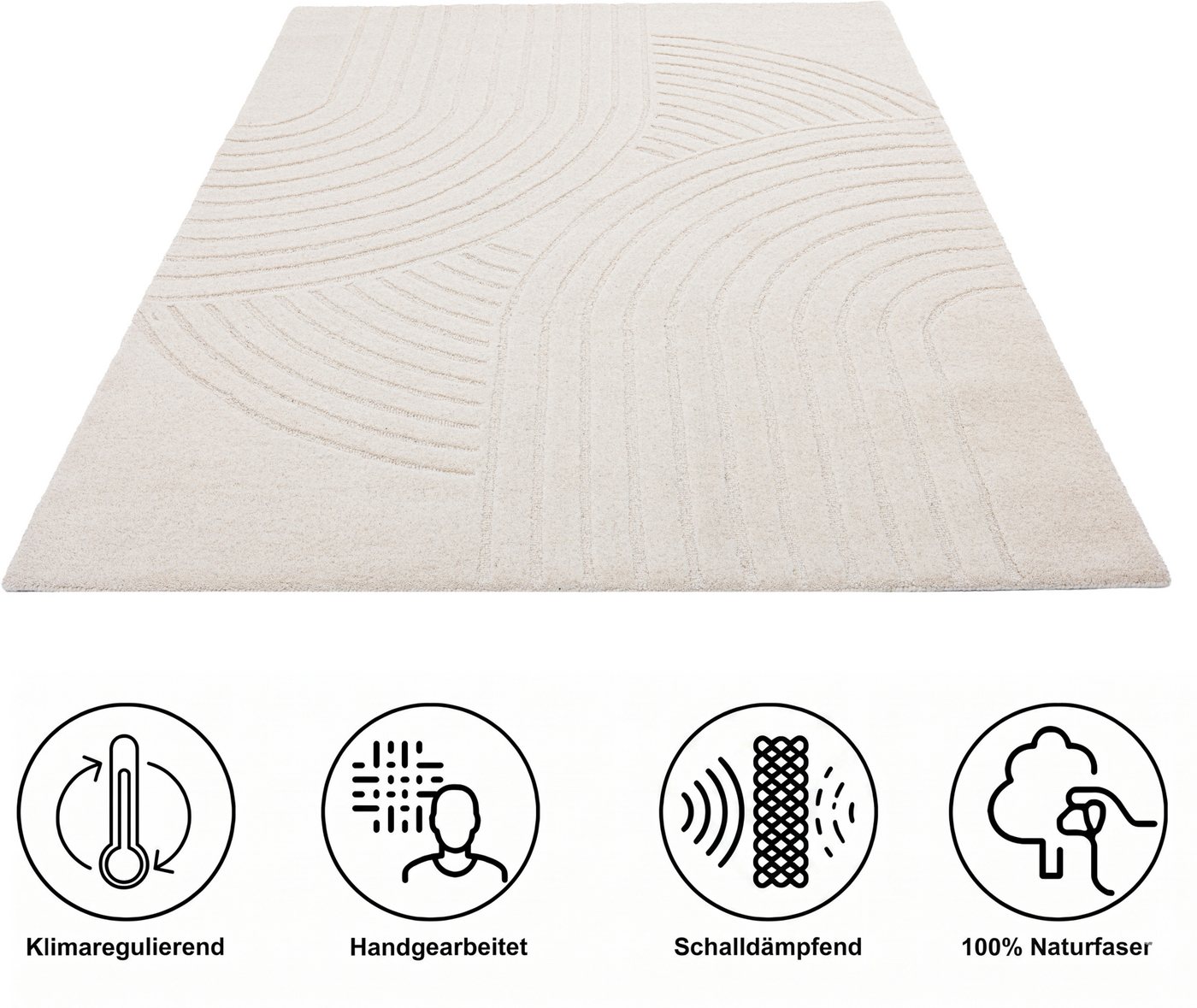 OTTO home Wollteppich Gabbo Design, Handgefertigt, Teppich, reine Wolle, rechteckig, Höhe: 14 mm, Hoch-Tief-Effekt, reine Wolle, Scandi-Look, Naturfaser – Bild 3 von 5