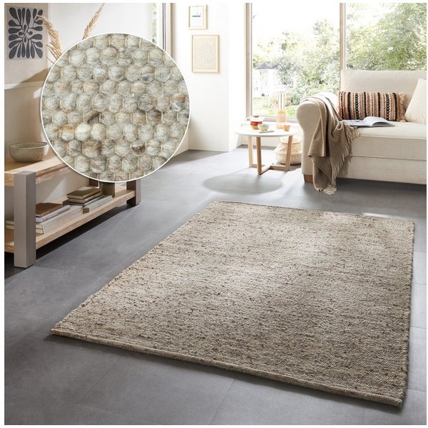 OTTO home Wollteppich Greith, Handwebteppich, rechteckig, Höhe: 12 mm, reine Wolle, meliert, handgewebt, Wendeteppich, Scandi, Wohnzimmer