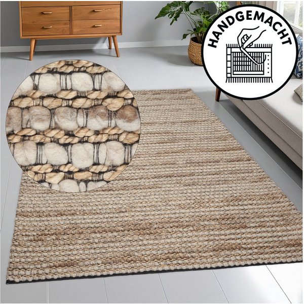 OTTO home Wollteppich Leevy, Wolle und Jute, handgewebt, Handweb Teppiche, rechteckig, Höhe: 25 mm, schöne Streifenoptik, Wohnzimmer, Schlafzimmer, Esszimmer