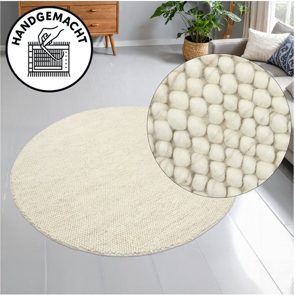 OTTO home Wollteppich Wolly, Wolle, in Standard und Premium Qualität, rund, Höhe: 14 mm, handgewebt, Handweb Teppiche, Skandi, Wohnzimmer, Schlafzimmer