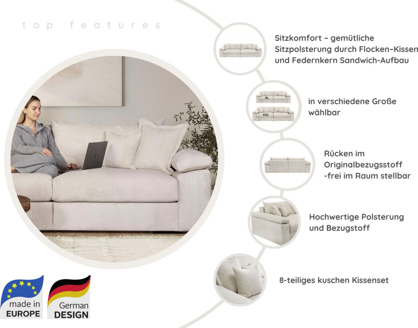 OTTO home XXL-Sessel Soft&Cosy, B: 151 cm - OTTO. Verlässliche Qualität., Mega-Sessel, Cord oder Chenille-Struktur,mit 2 Zierkissen – Bild 3 von 5