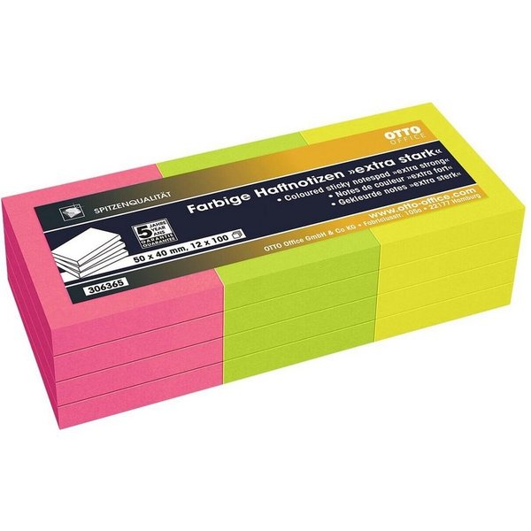 Otto Office Premium Haftnotizblock extra stark, 5,0x4,0 cm in Neonfarben, ablösbar und wiederholt selbstklebend